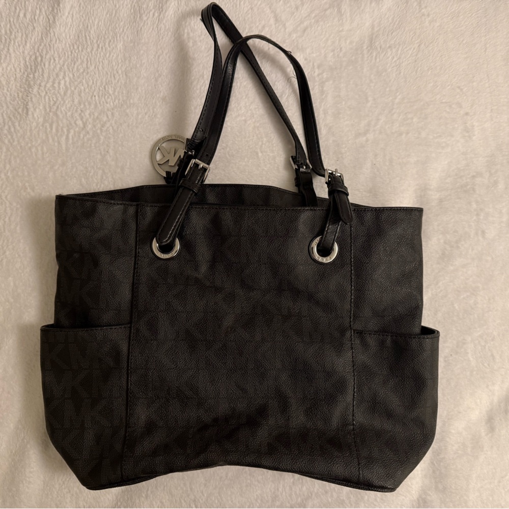 Black Signature Michael Kors Jet Set Large Tote Bag Silver-Tone Hardware